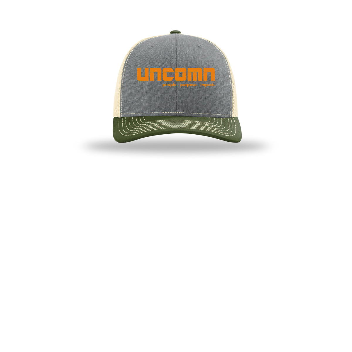 uncomn-richardson-trucker-cap-embroidery-capfront-R112-heathergreybircharmyolive-flat-front