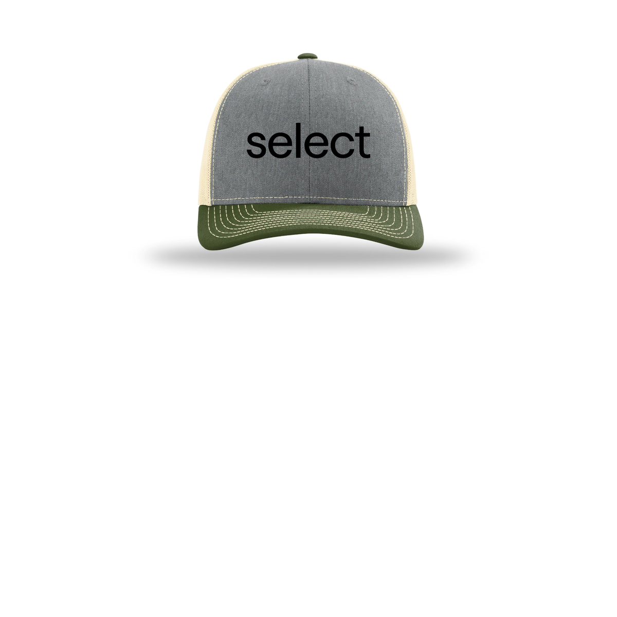 meetselect-richardson-trucker-cap-embroidery-capfront-R112-heathergreybircharmyolive-flat-front