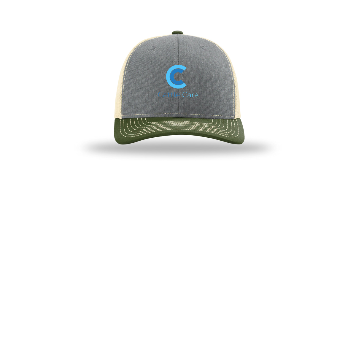 cattle-care-richardson-trucker-cap-embroidery-capfront-R112-heathergreybircharmyolive-flat-front