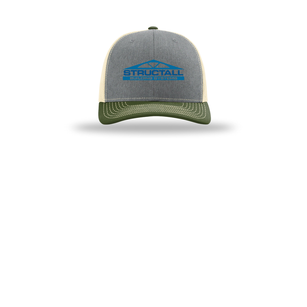structall-richardson-trucker-cap-embroidery-capfront-R112-heathergreybircharmyolive-flat-front