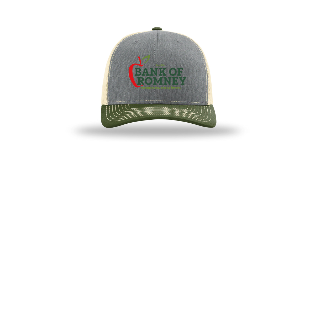 bankofromney-richardson-trucker-cap-embroidery-capfront-R112-heathergreybircharmyolive-flat-front