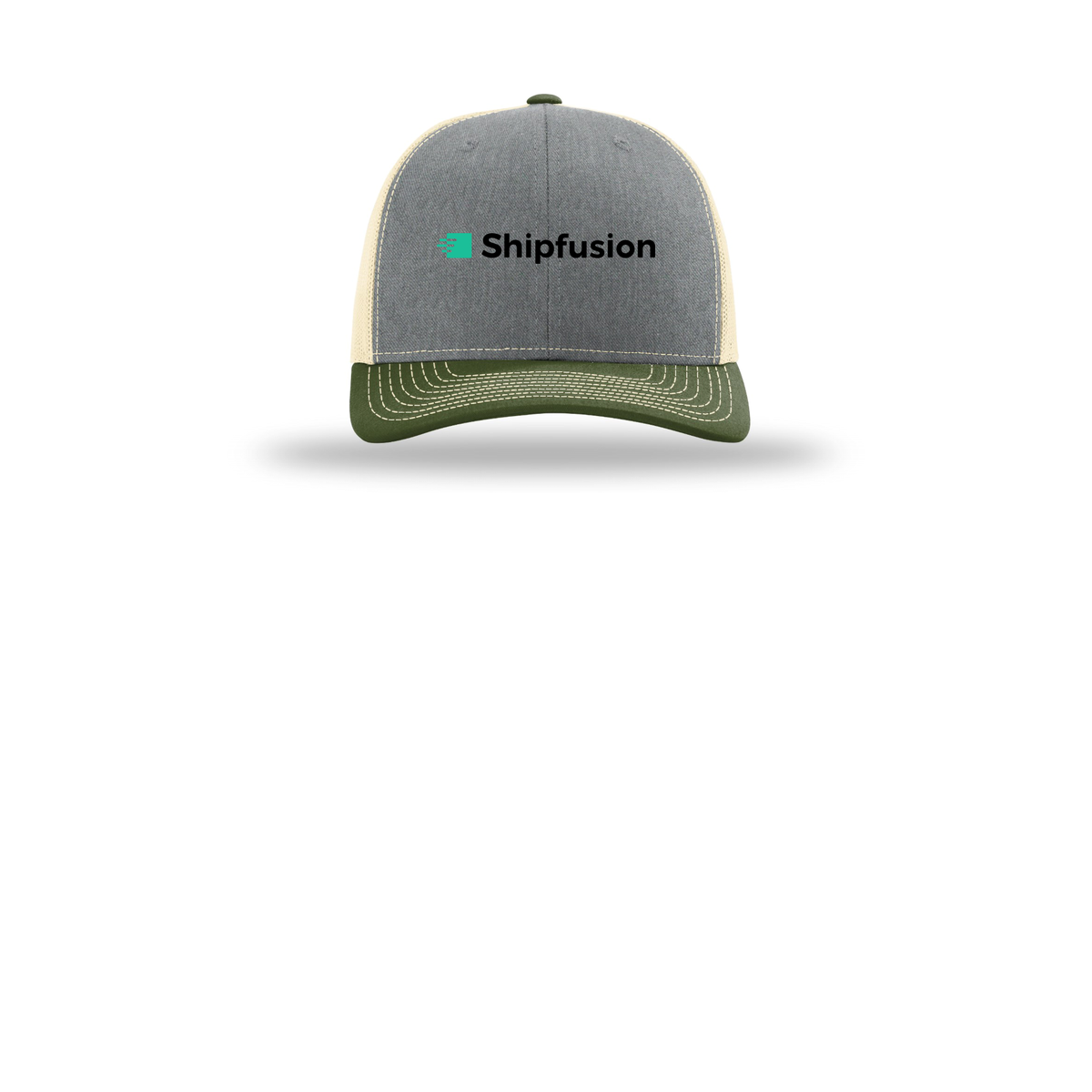 shipfusion-richardson-trucker-cap-embroidery-capfront-R112-heathergreybircharmyolive-flat-front