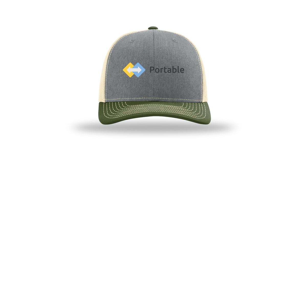 portable-richardson-trucker-cap-embroidery-capfront-R112-heathergreybircharmyolive-flat-front