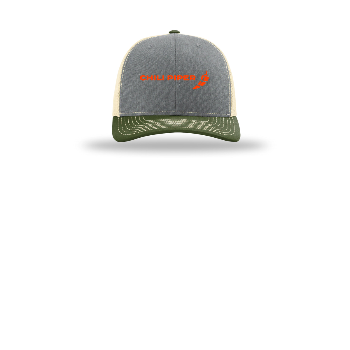 chilipiper-richardson-trucker-cap-embroidery-capfront-R112-heathergreybircharmyolive-flat-front