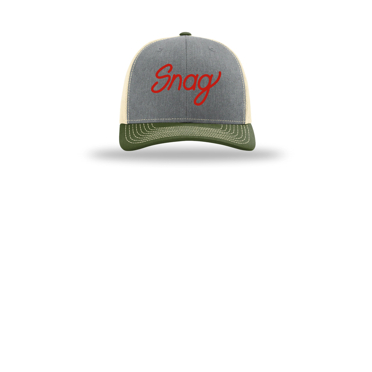 snagdelivery-richardson-trucker-cap-embroidery-capfront-R112-heathergreybircharmyolive-flat-front