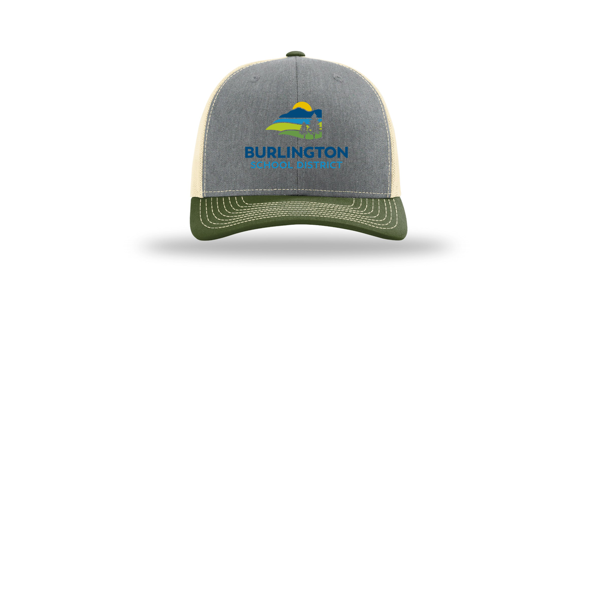 bsdvt-richardson-trucker-cap-embroidery-capfront-R112-heathergreybircharmyolive-flat-front