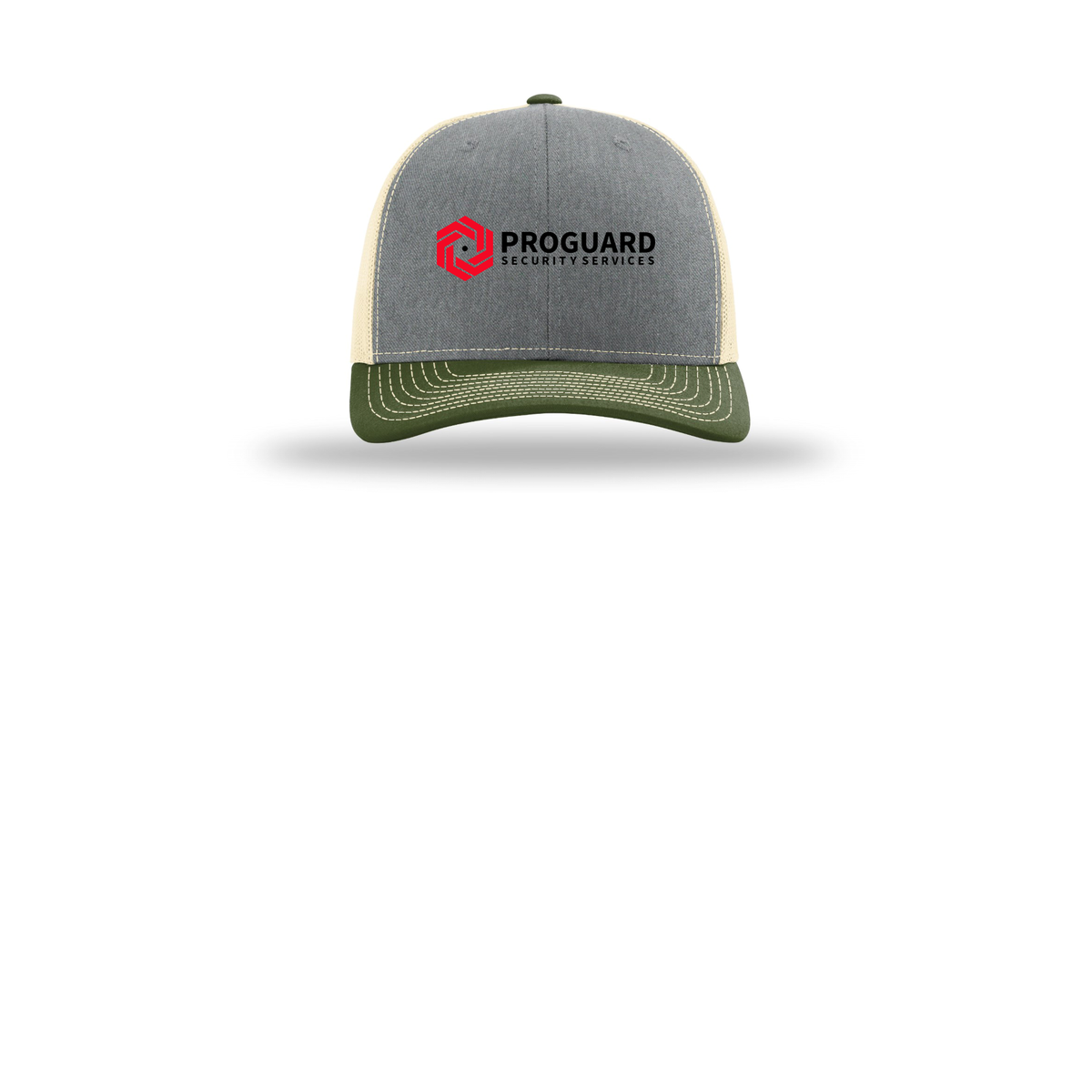 proguardsecurityservices-richardson-trucker-cap-embroidery-capfront-R112-heathergreybircharmyolive-flat-front