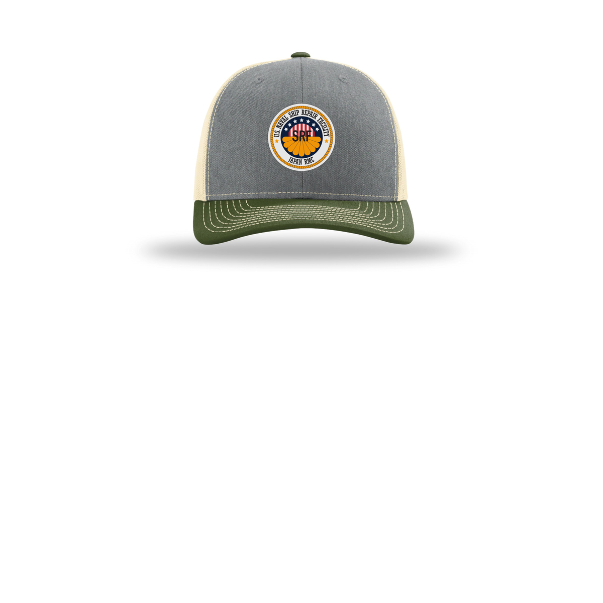 srf-jrmc-richardson-trucker-cap-embroidery-capfront-R112-heathergreybircharmyolive-flat-front