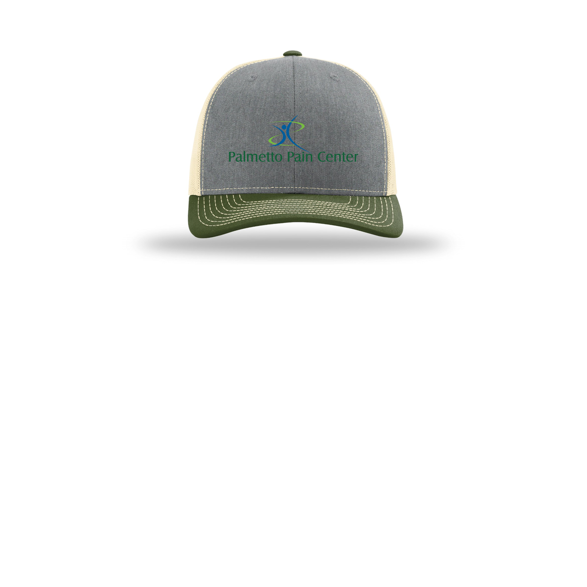 palmetto-pain-center-richardson-trucker-cap-embroidery-capfront-R112-heathergreybircharmyolive-flat-front