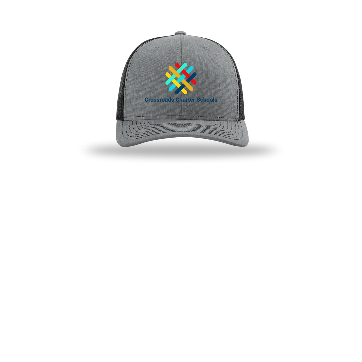 crossroadsschoolskc-richardson-trucker-cap-embroidery-capfront-R112-heathergreyblack-flat-front