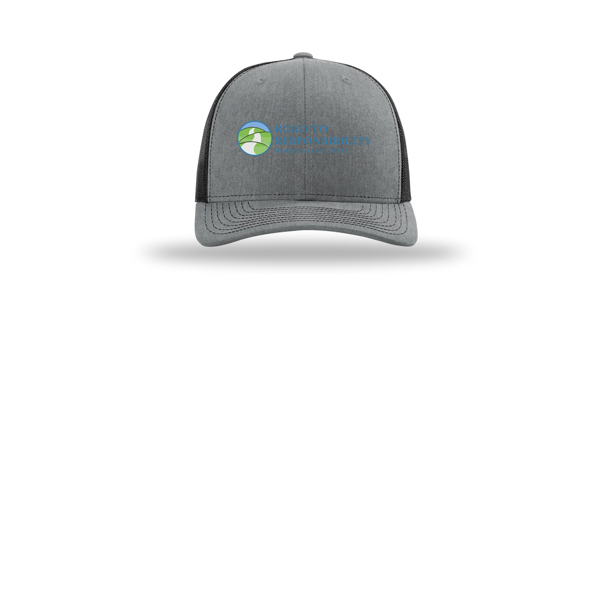 roadtoresponsibility-richardson-trucker-cap-embroidery-capfront-R112-heathergreyblack-flat-front