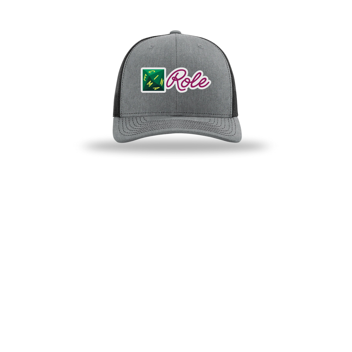 cinemarole-richardson-trucker-cap-embroidery-capfront-R112-heathergreyblack-flat-front