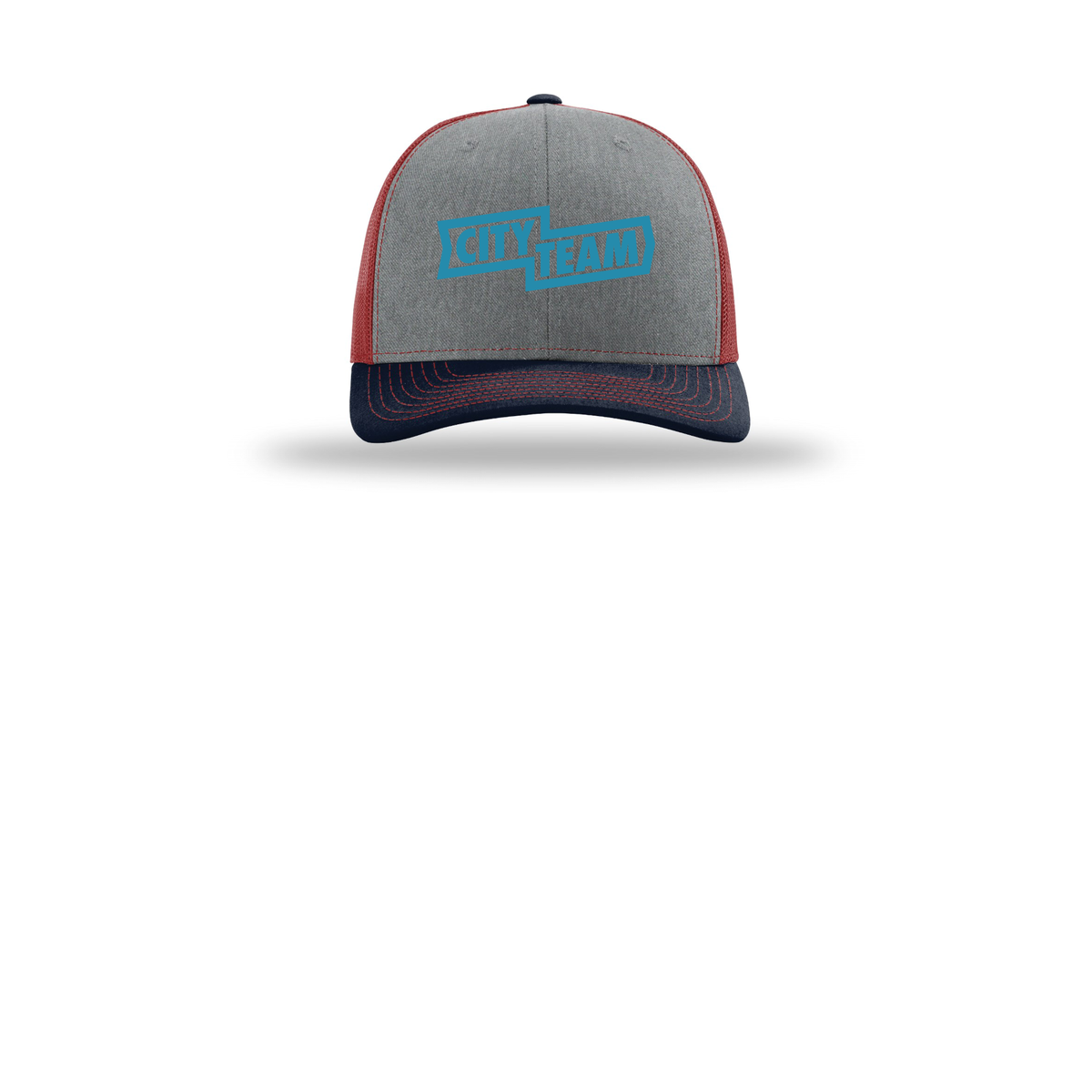 cityteam-richardson-trucker-cap-embroidery-capfront-R112-heathergreycardinalnavy-flat-front