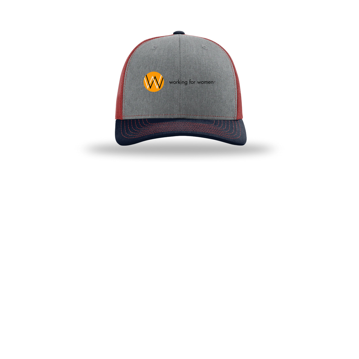 workingforwomen-richardson-trucker-cap-embroidery-capfront-R112-heathergreycardinalnavy-flat-front