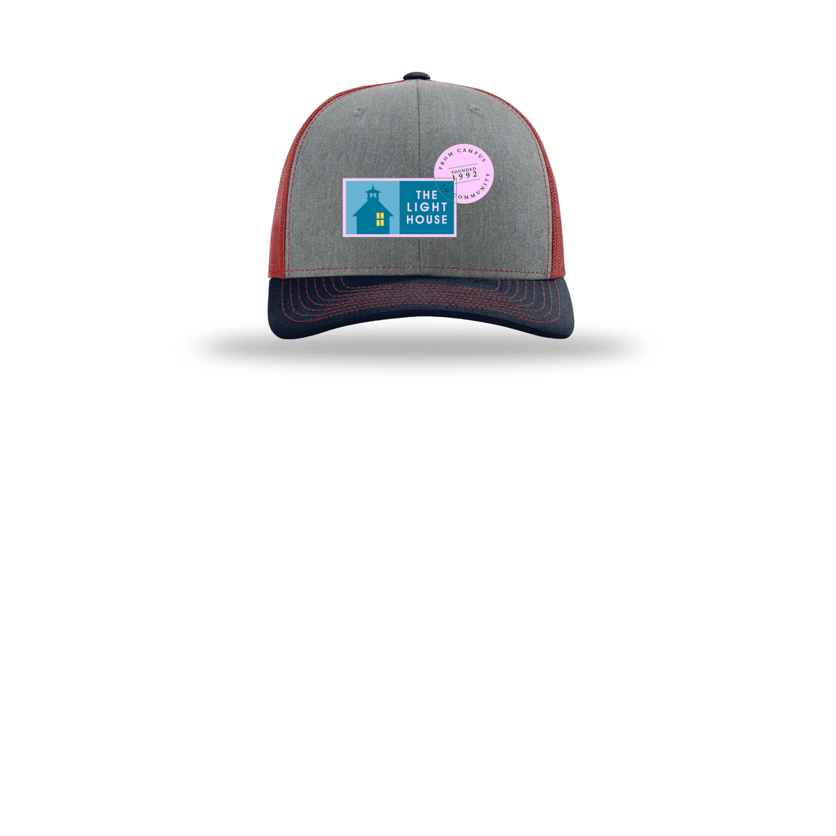 lhcampus-richardson-trucker-cap-embroidery-capfront-R112-heathergreycardinalnavy-flat-front