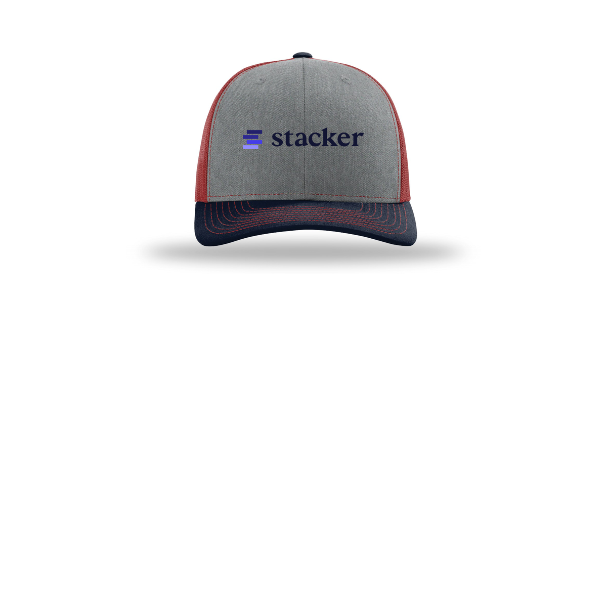 stacker-richardson-trucker-cap-embroidery-capfront-R112-heathergreycardinalnavy-flat-front