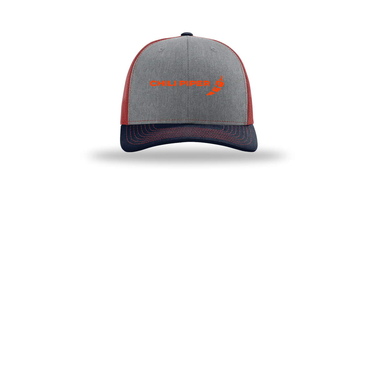 chilipiper-richardson-trucker-cap-embroidery-capfront-R112-heathergreycardinalnavy-flat-front