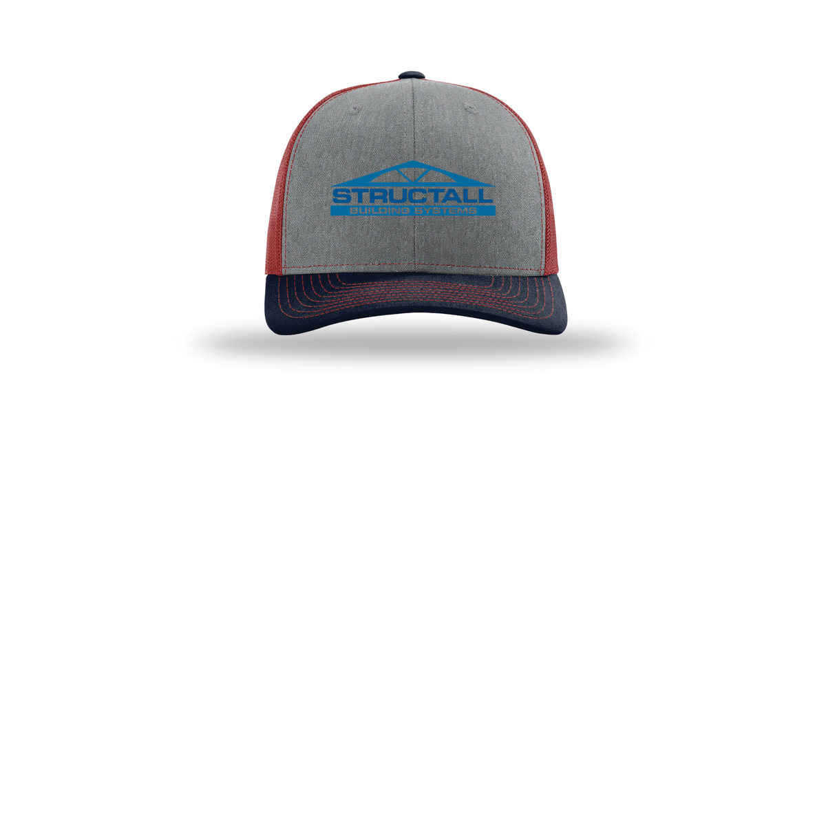 structall-richardson-trucker-cap-embroidery-capfront-R112-heathergreycardinalnavy-flat-front