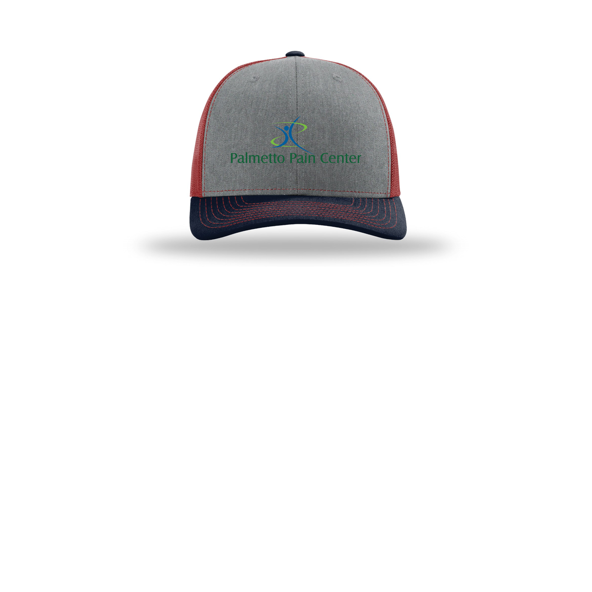 palmetto-pain-center-richardson-trucker-cap-embroidery-capfront-R112-heathergreycardinalnavy-flat-front