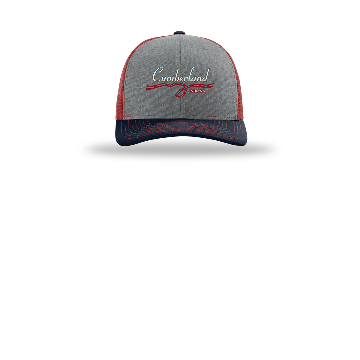 cumberland-richardson-trucker-cap-embroidery-capfront-R112-heathergreycardinalnavy-flat-front