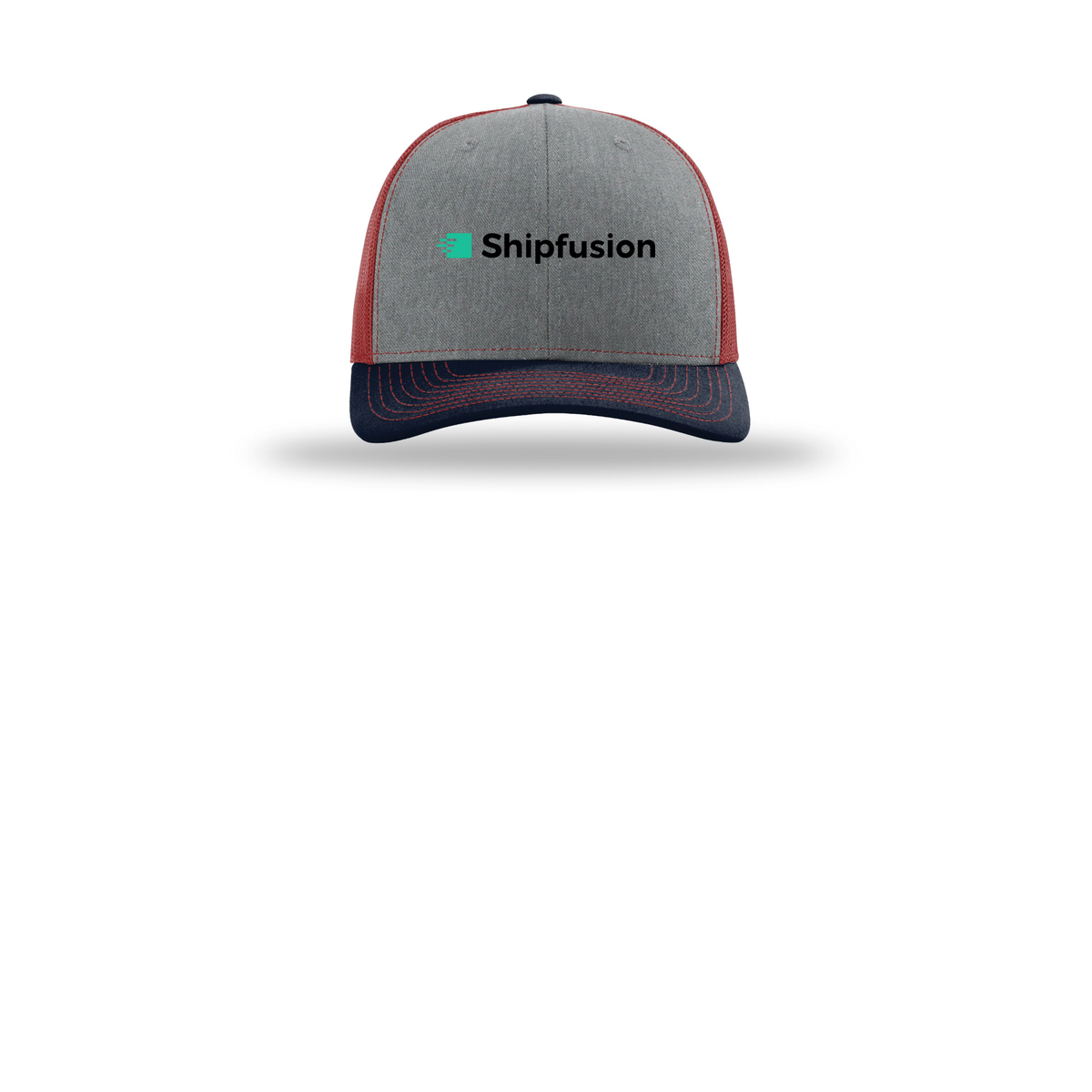 shipfusion-richardson-trucker-cap-embroidery-capfront-R112-heathergreycardinalnavy-flat-front
