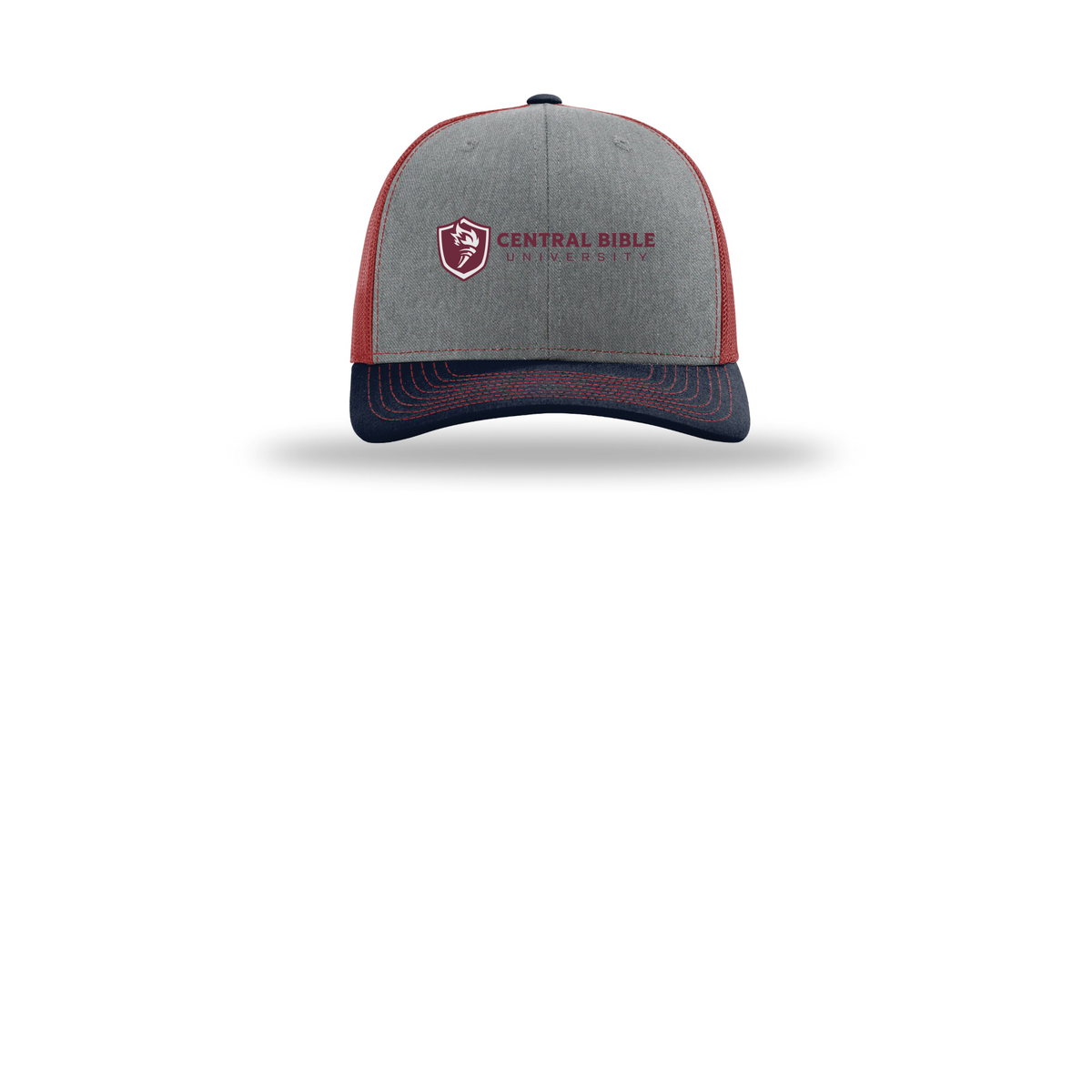 centralbible-richardson-trucker-cap-embroidery-capfront-R112-heathergreycardinalnavy-flat-front