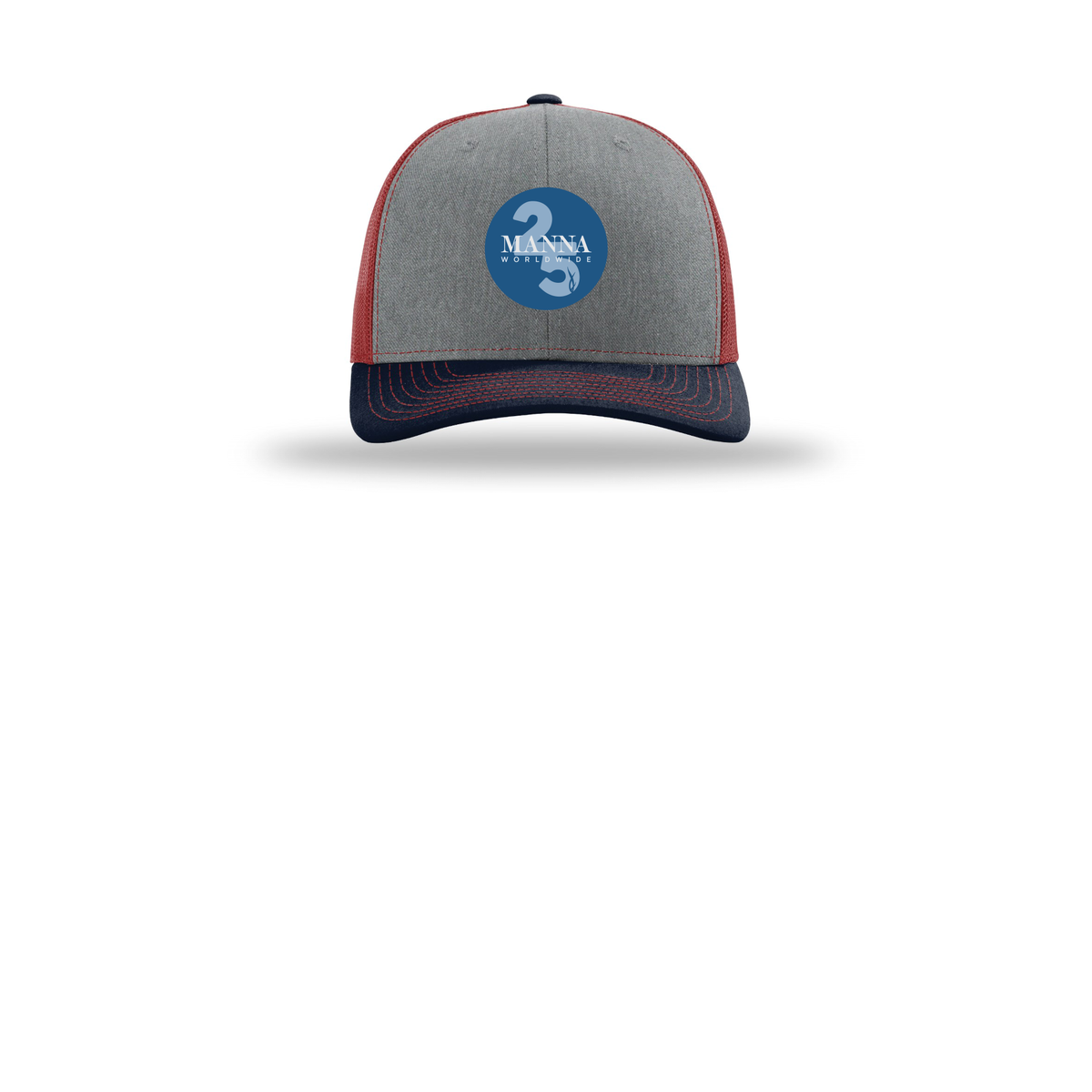 mannaworldwide-richardson-trucker-cap-embroidery-capfront-R112-heathergreycardinalnavy-flat-front