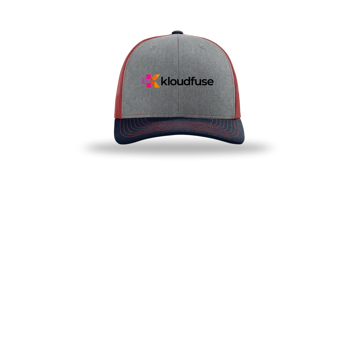 kloudfuse-richardson-trucker-cap-embroidery-capfront-R112-heathergreycardinalnavy-flat-front