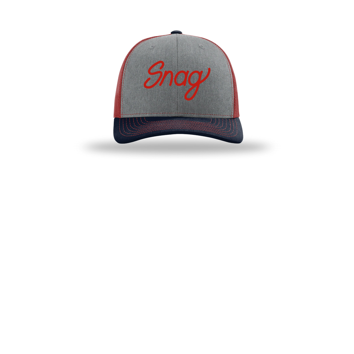snagdelivery-richardson-trucker-cap-embroidery-capfront-R112-heathergreycardinalnavy-flat-front