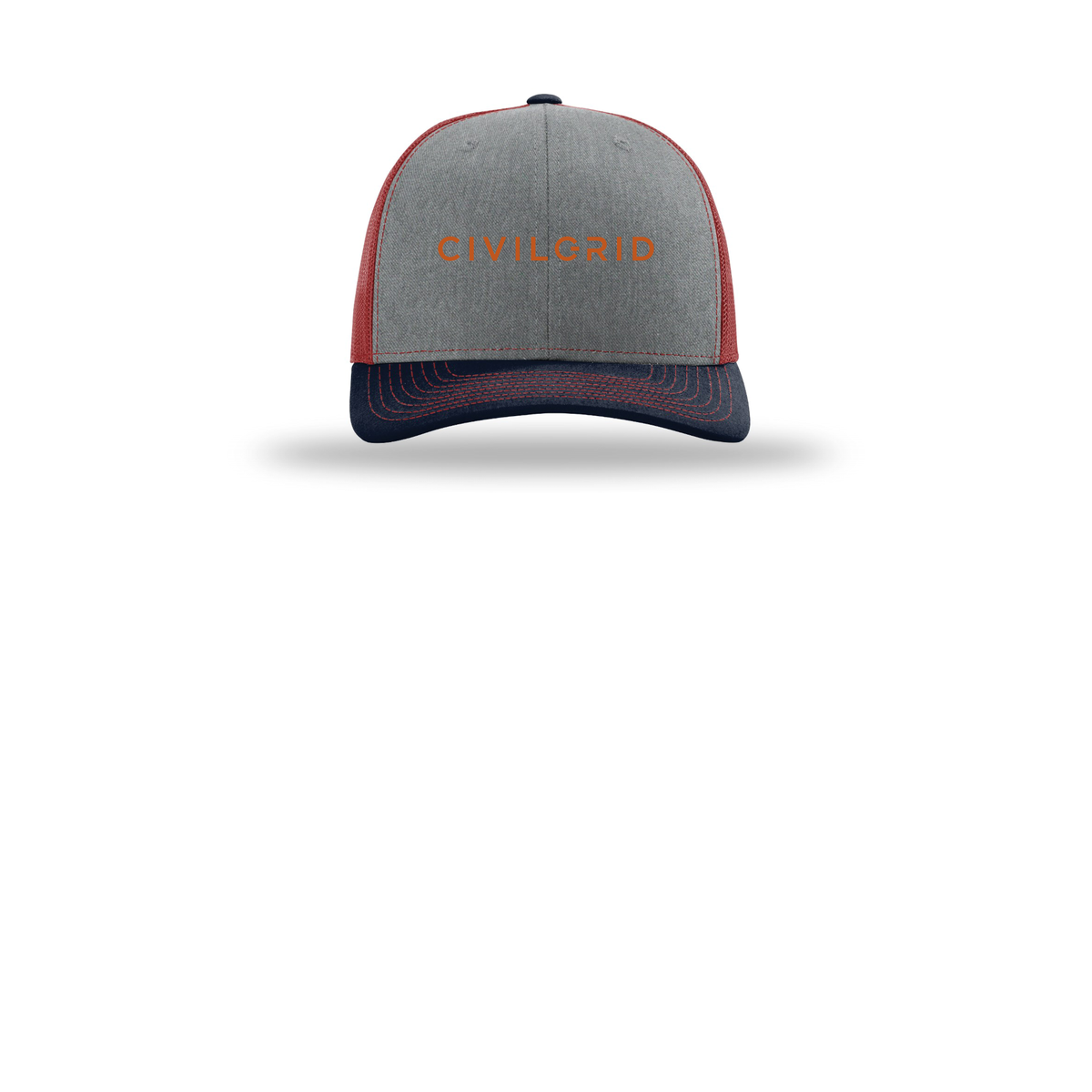 civilgrid-richardson-trucker-cap-embroidery-capfront-R112-heathergreycardinalnavy-flat-front
