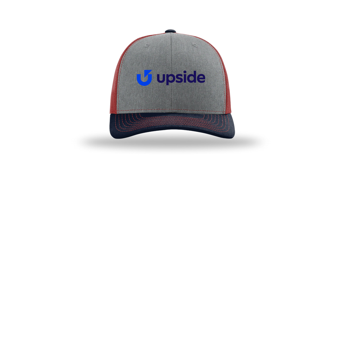 upside-richardson-trucker-cap-embroidery-capfront-R112-heathergreycardinalnavy-flat-front