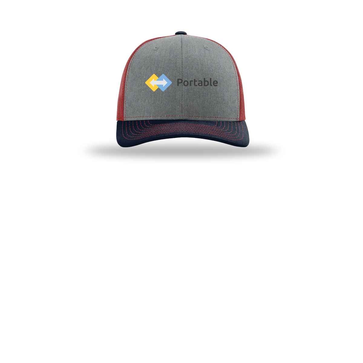 portable-richardson-trucker-cap-embroidery-capfront-R112-heathergreycardinalnavy-flat-front