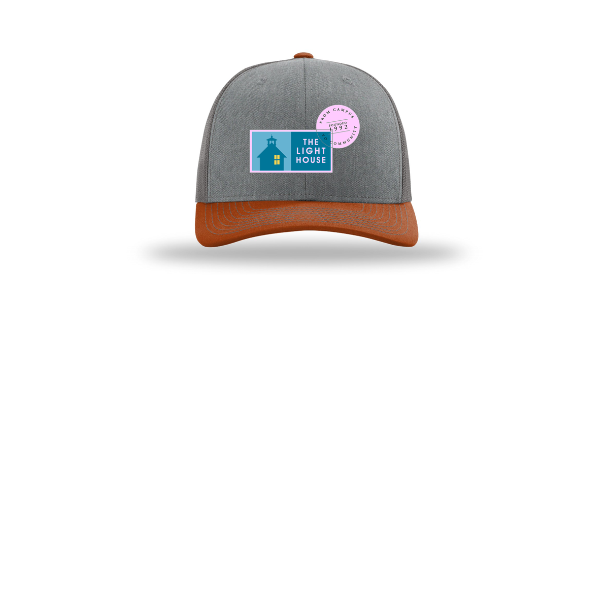lhcampus-richardson-trucker-cap-embroidery-capfront-R112-heathergreycharcoaldarkorange-flat-front