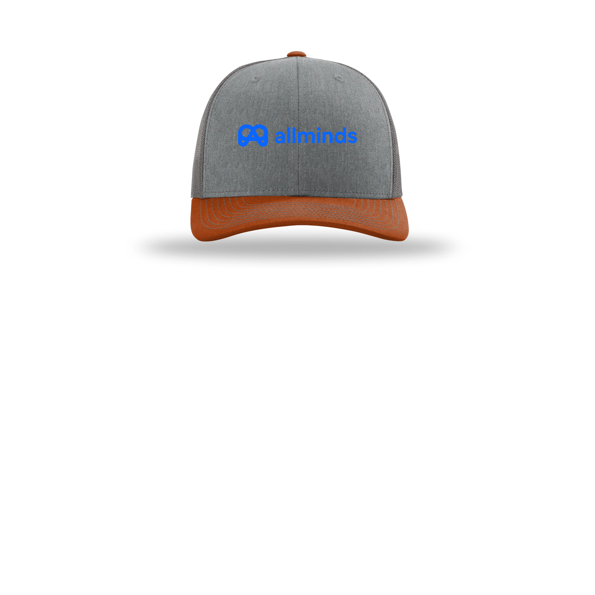 getallminds-richardson-trucker-cap-embroidery-capfront-R112-heathergreycharcoaldarkorange-flat-front
