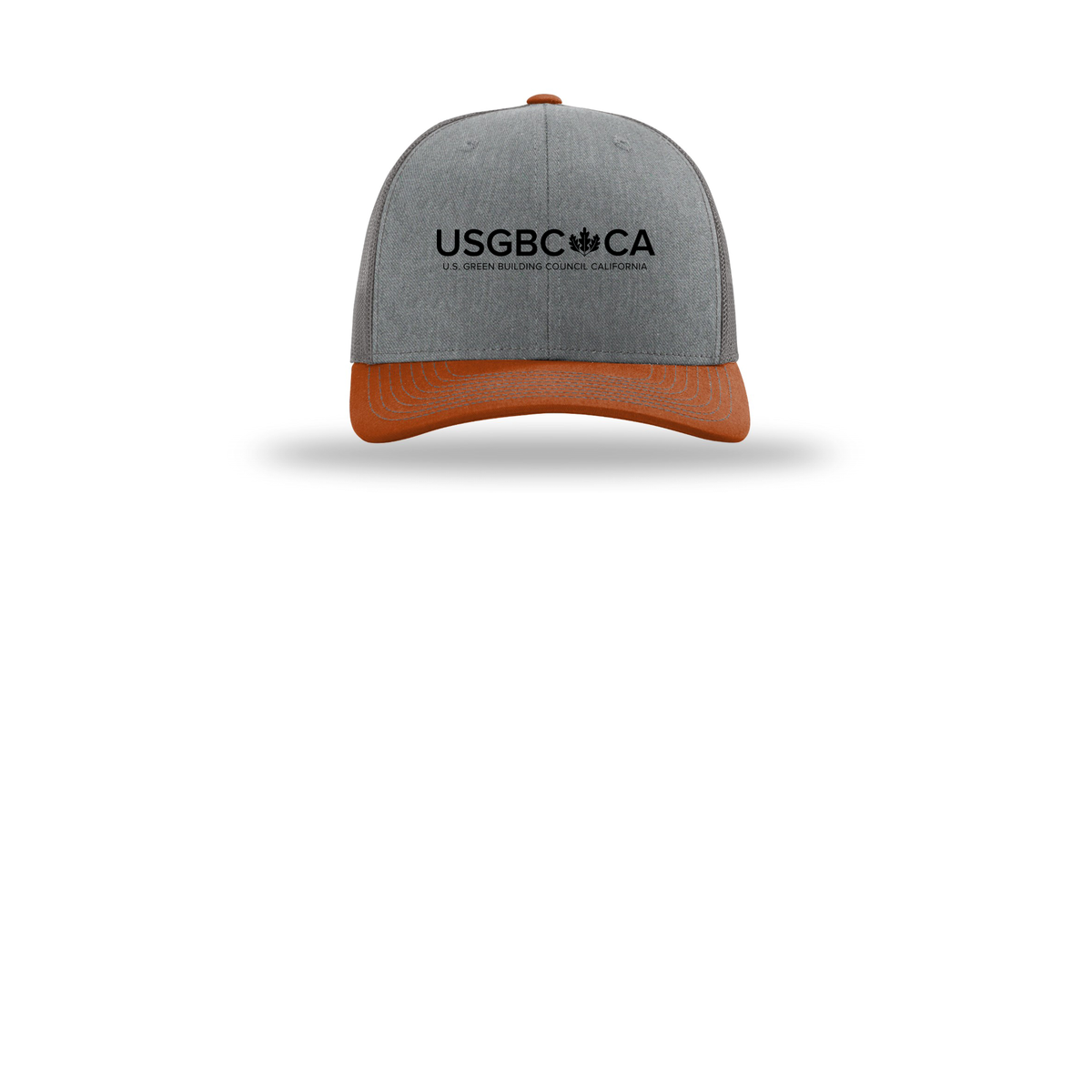 usgbc-ca-richardson-trucker-cap-embroidery-capfront-R112-heathergreycharcoaldarkorange-flat-front
