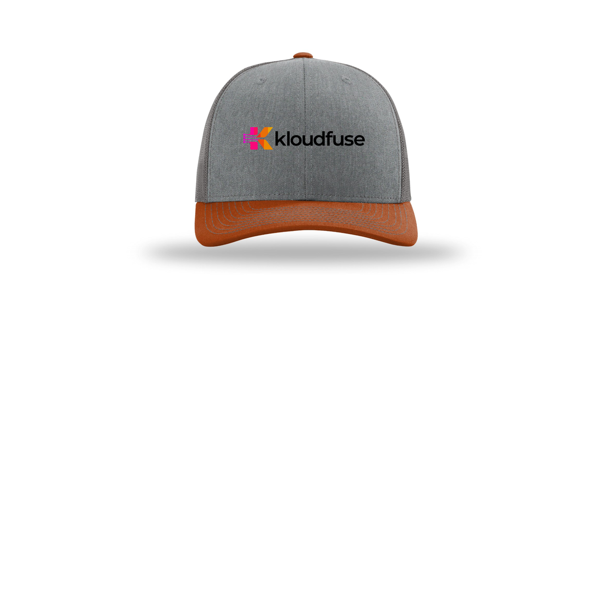 kloudfuse-richardson-trucker-cap-embroidery-capfront-R112-heathergreycharcoaldarkorange-flat-front