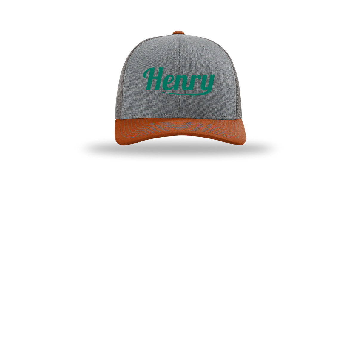 henrymeds-richardson-trucker-cap-embroidery-capfront-R112-heathergreycharcoaldarkorange-flat-front