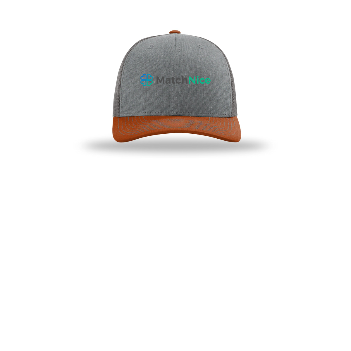 matchnice-richardson-trucker-cap-embroidery-capfront-R112-heathergreycharcoaldarkorange-flat-front