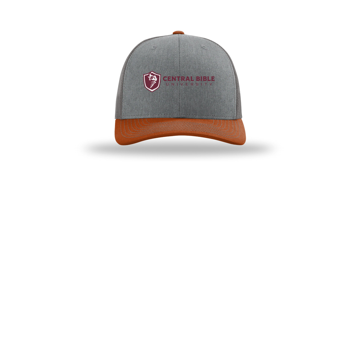 centralbible-richardson-trucker-cap-embroidery-capfront-R112-heathergreycharcoaldarkorange-flat-front