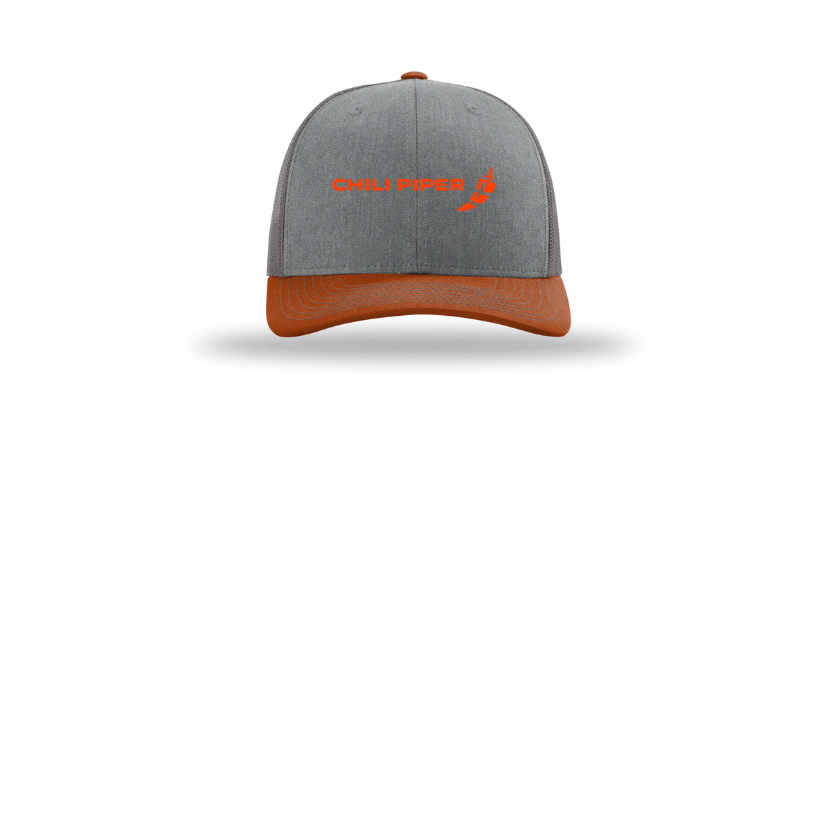 chilipiper-richardson-trucker-cap-embroidery-capfront-R112-heathergreycharcoaldarkorange-flat-front