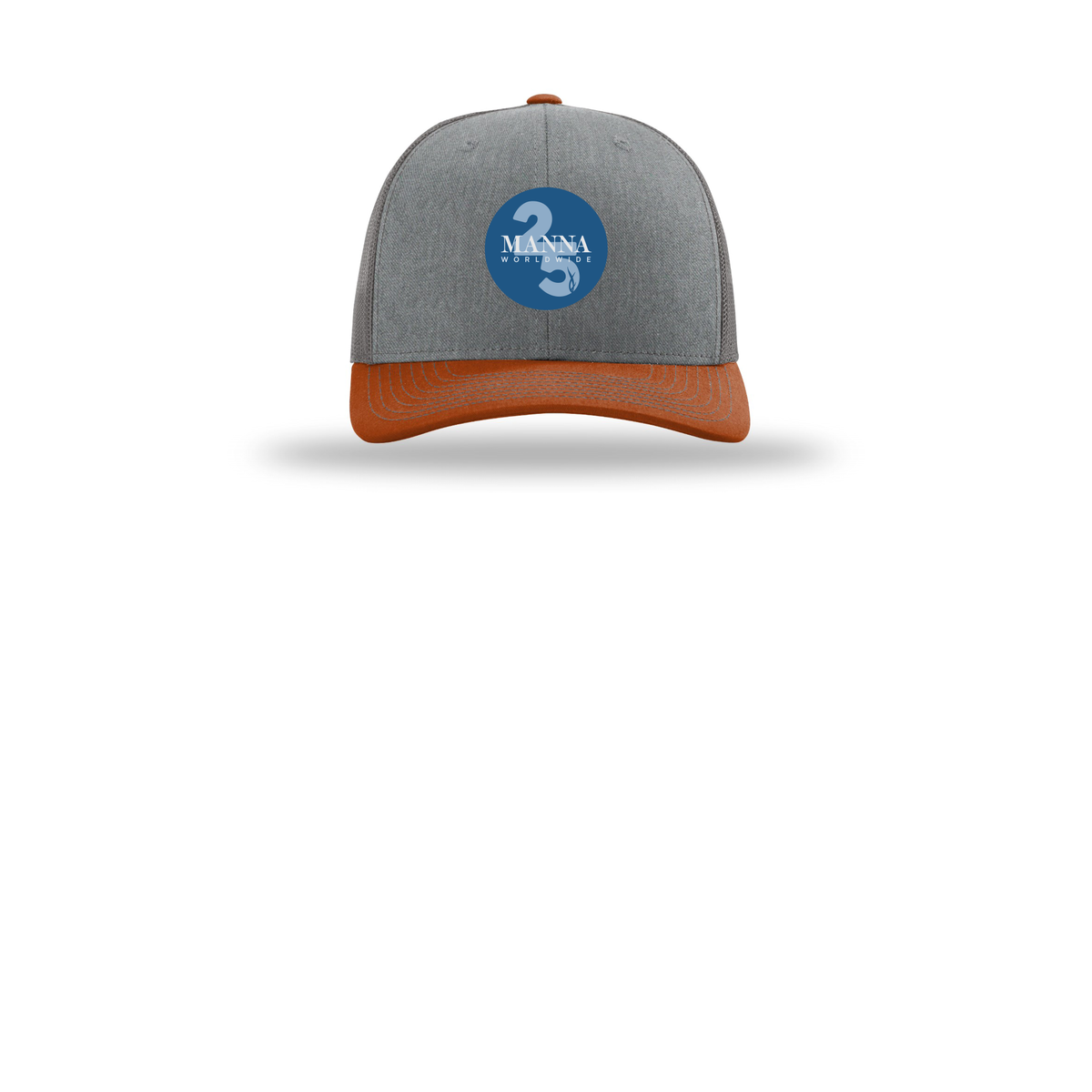 mannaworldwide-richardson-trucker-cap-embroidery-capfront-R112-heathergreycharcoaldarkorange-flat-front