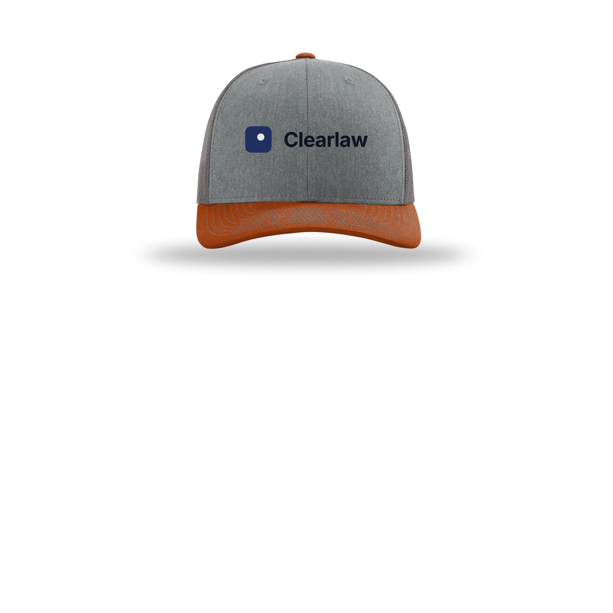 clearlaw-richardson-trucker-cap-embroidery-capfront-R112-heathergreycharcoaldarkorange-flat-front
