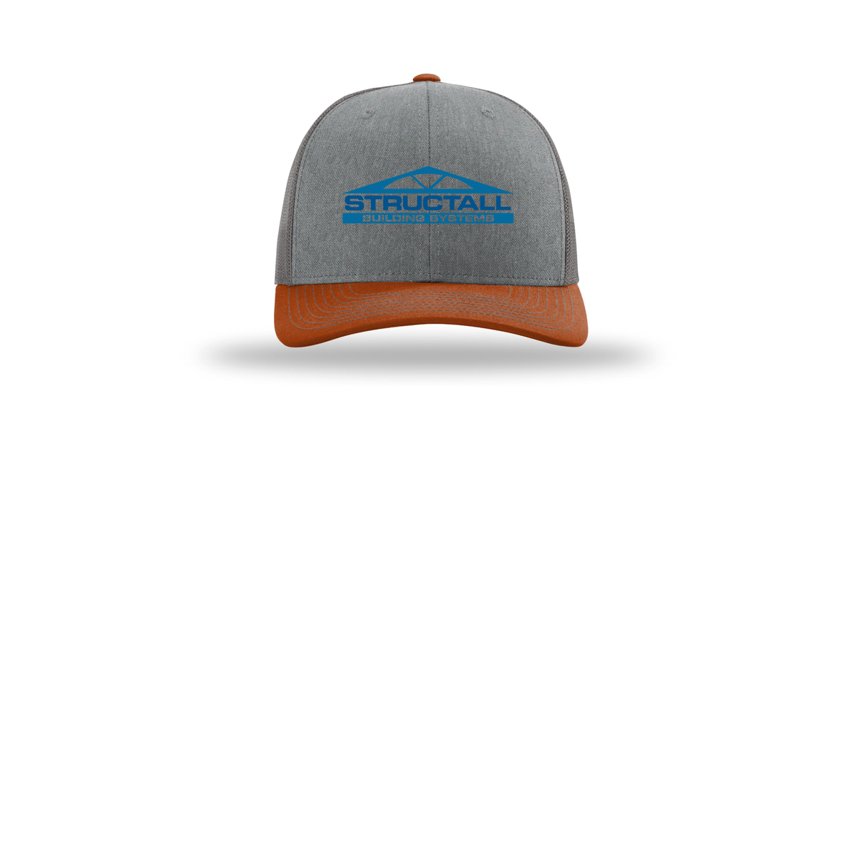 structall-richardson-trucker-cap-embroidery-capfront-R112-heathergreycharcoaldarkorange-flat-front