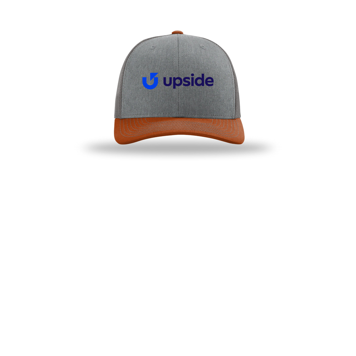 upside-richardson-trucker-cap-embroidery-capfront-R112-heathergreycharcoaldarkorange-flat-front