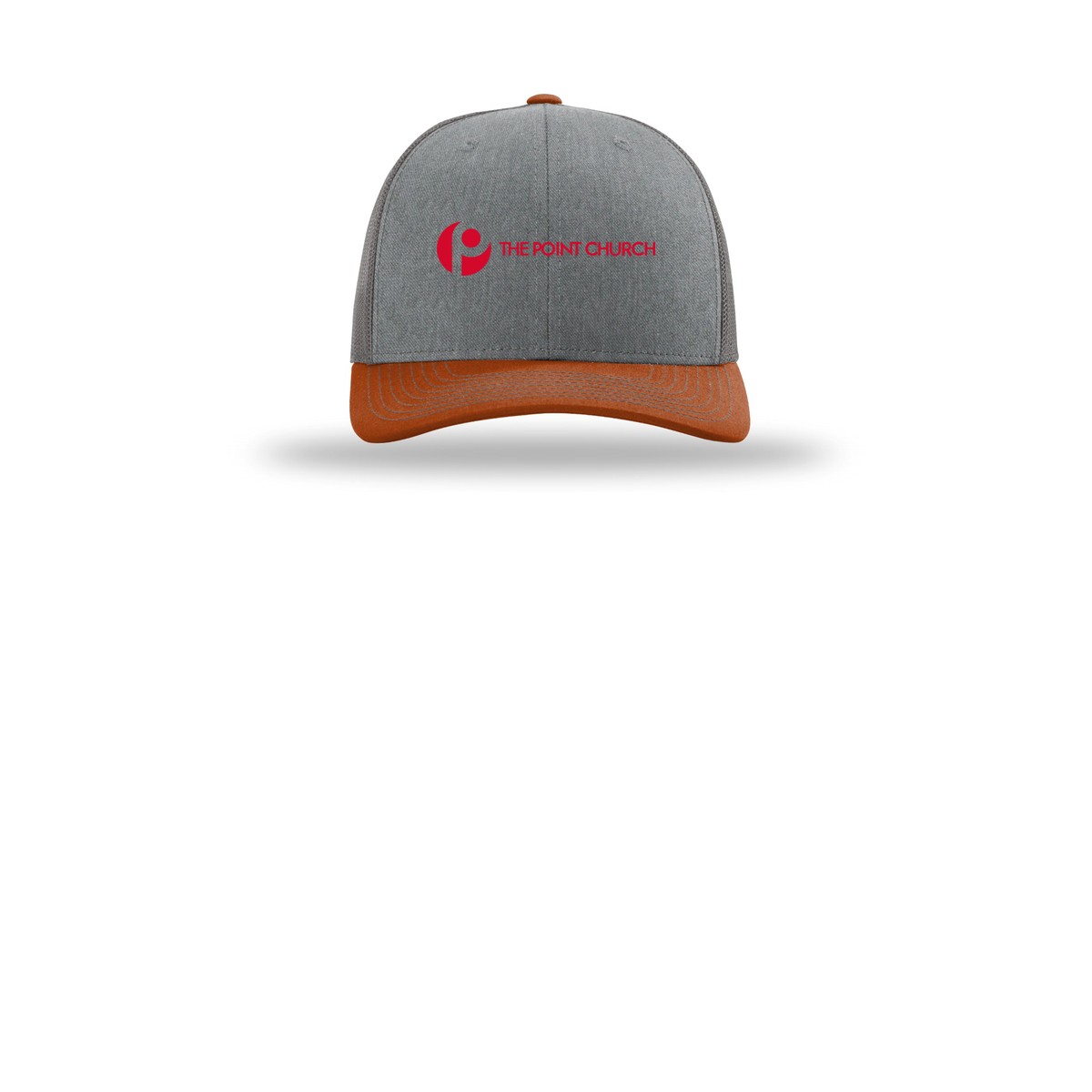 thepointva-richardson-trucker-cap-embroidery-capfront-R112-heathergreycharcoaldarkorange-flat-front