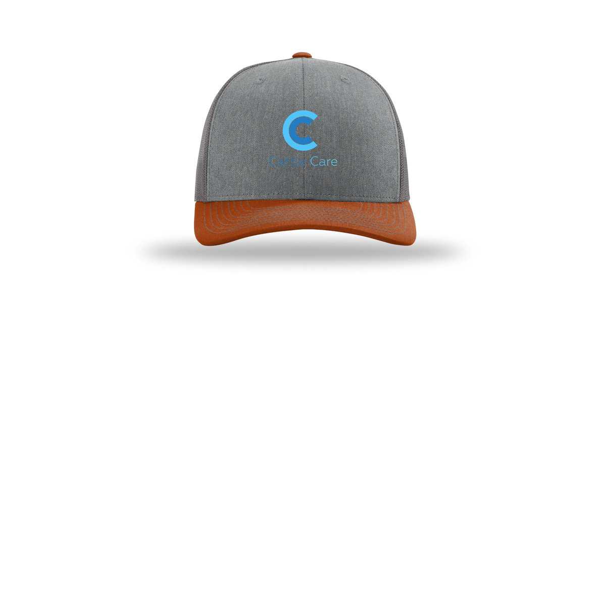 cattle-care-richardson-trucker-cap-embroidery-capfront-R112-heathergreycharcoaldarkorange-flat-front