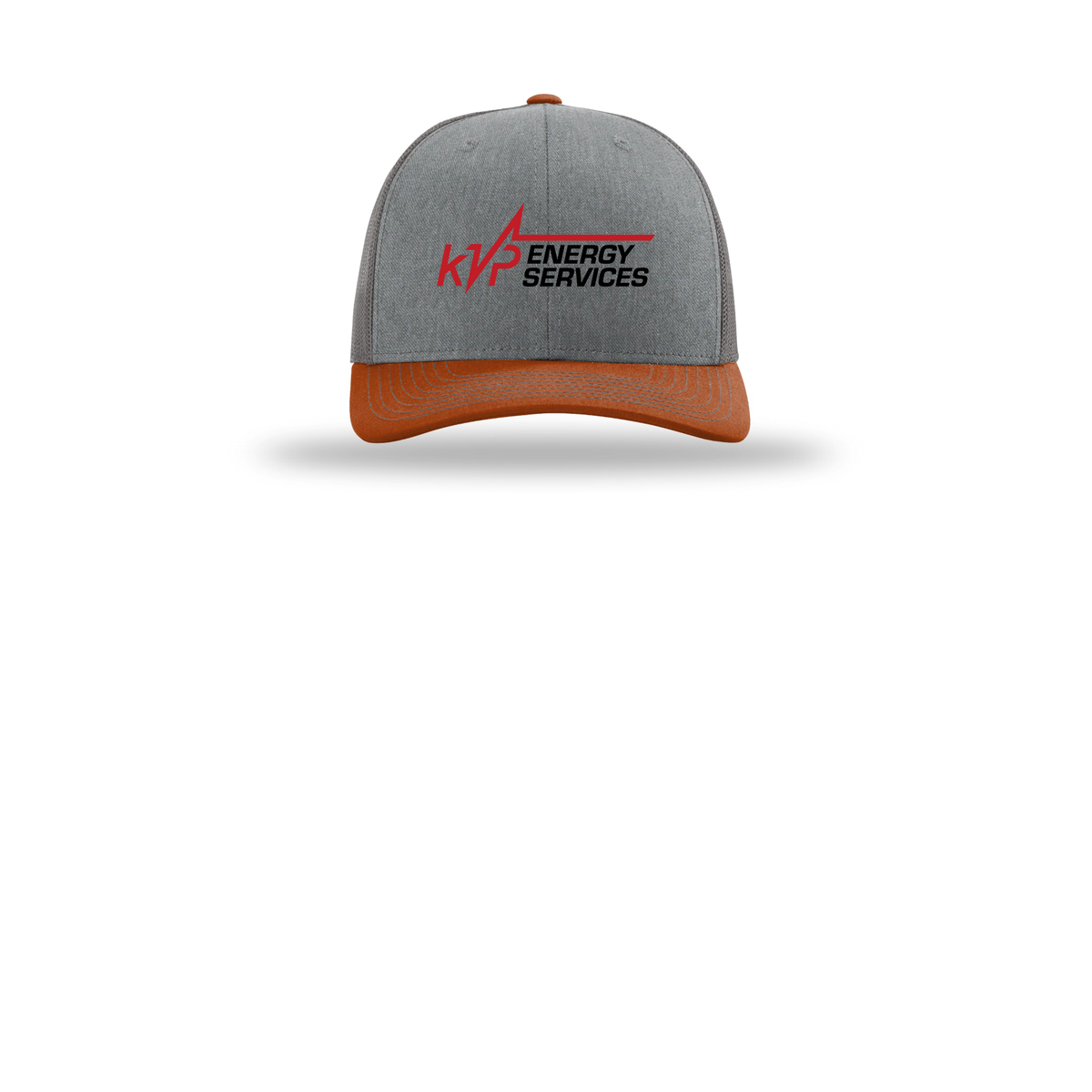 kvpenergy-richardson-trucker-cap-embroidery-capfront-R112-heathergreycharcoaldarkorange-flat-front