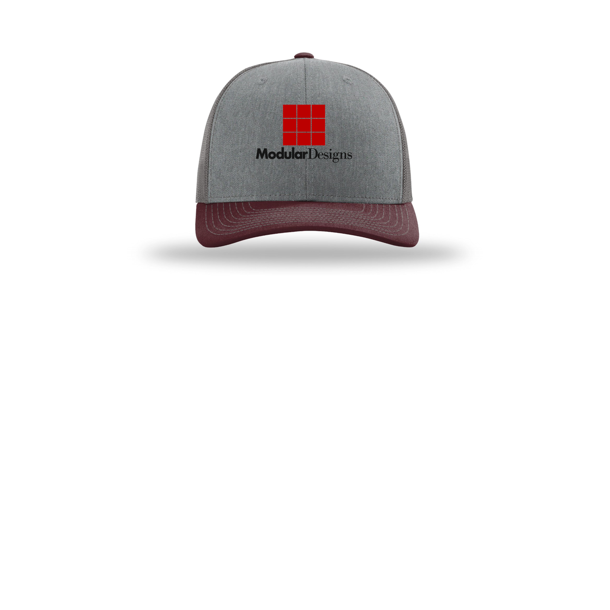 modulardesignsflooring-richardson-trucker-cap-embroidery-capfront-R112-heathergreycharcoalmaroon-flat-front