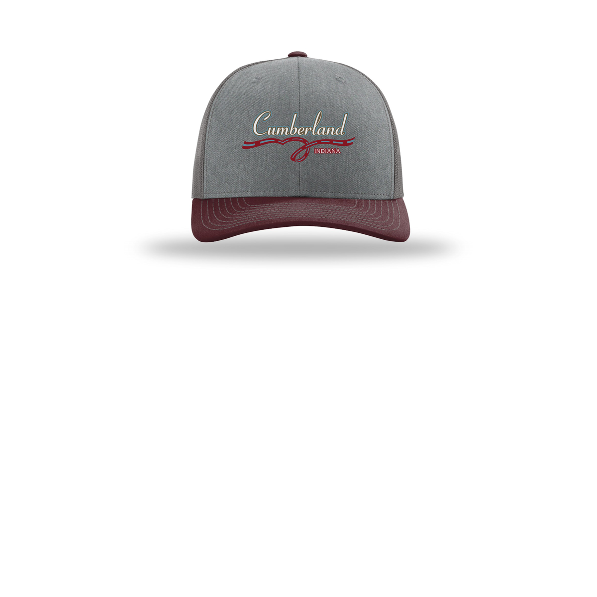 cumberland-richardson-trucker-cap-embroidery-capfront-R112-heathergreycharcoalmaroon-flat-front