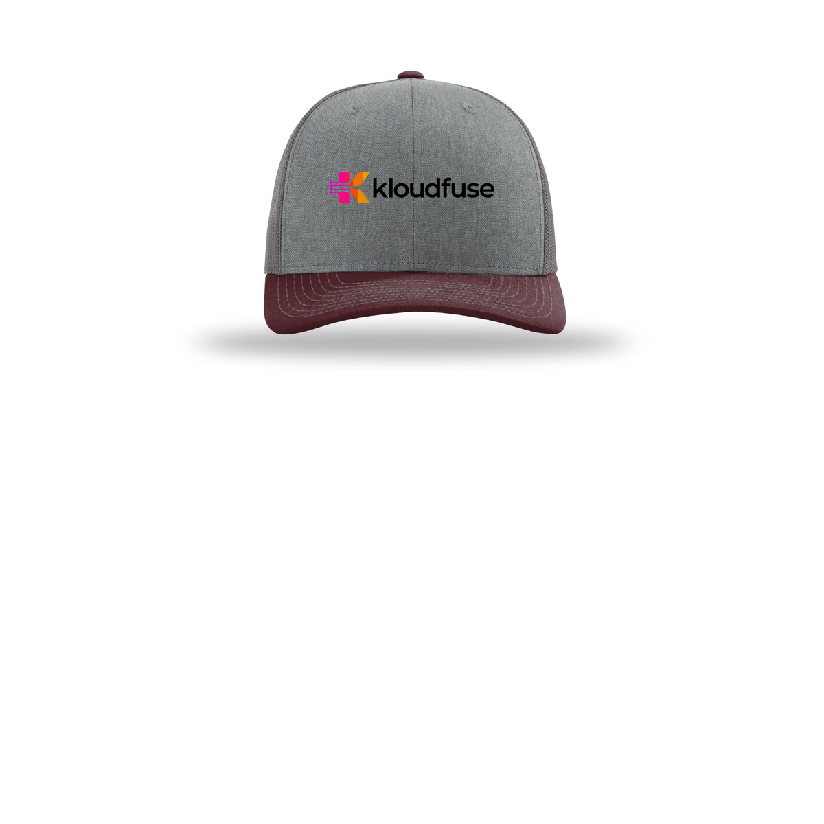 kloudfuse-richardson-trucker-cap-embroidery-capfront-R112-heathergreycharcoalmaroon-flat-front